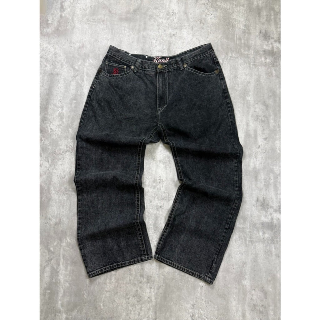 Vintage Y2K Kanii Embroidered Dragon Baggy Fit Black Denim Pants Size 41