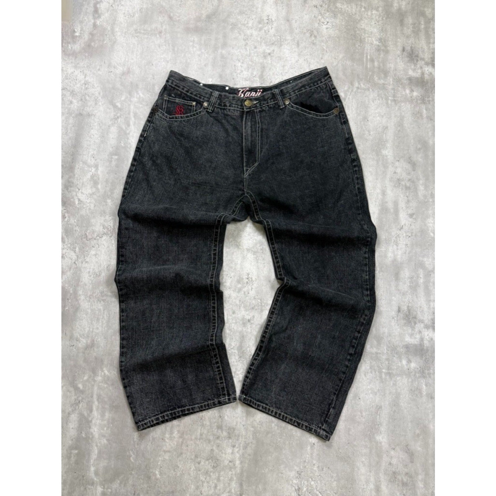 Vintage Y2K Kanii Embroidered Dragon Baggy Fit Black Denim Pants Size 41