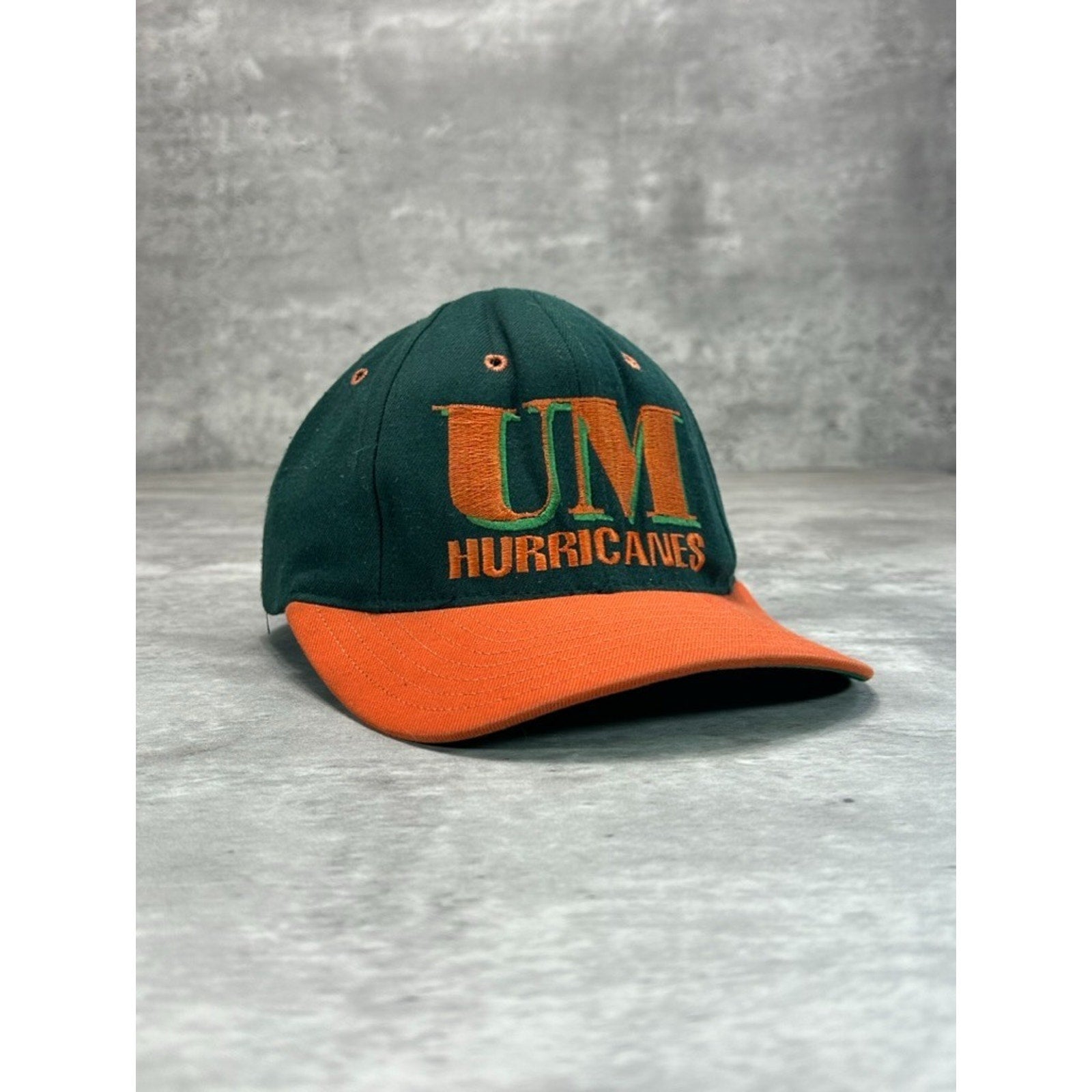Vintage 90s Miami Hurricanes NCAA Embroidered Spellout Fitted Hat 7 Green