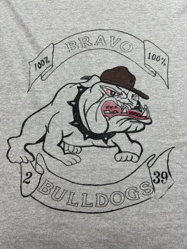 Vintage 70s/80s Bravo Bulldogs Mascot Graphic Spellout T-Shirt Size Medium Gray