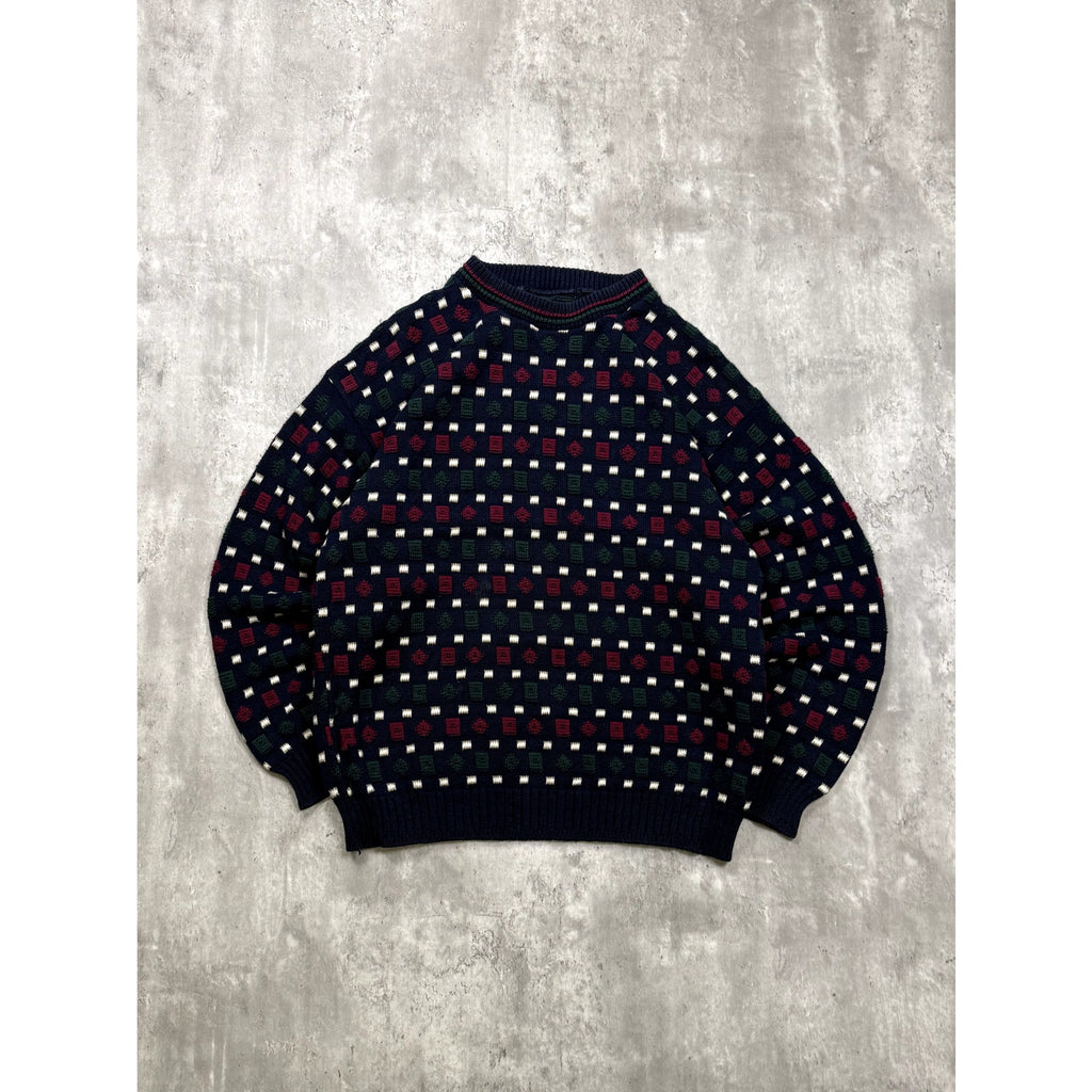 Vintage 90s Geometric Pattern Print Pullover Ribbed Knit Sweater Size Large
