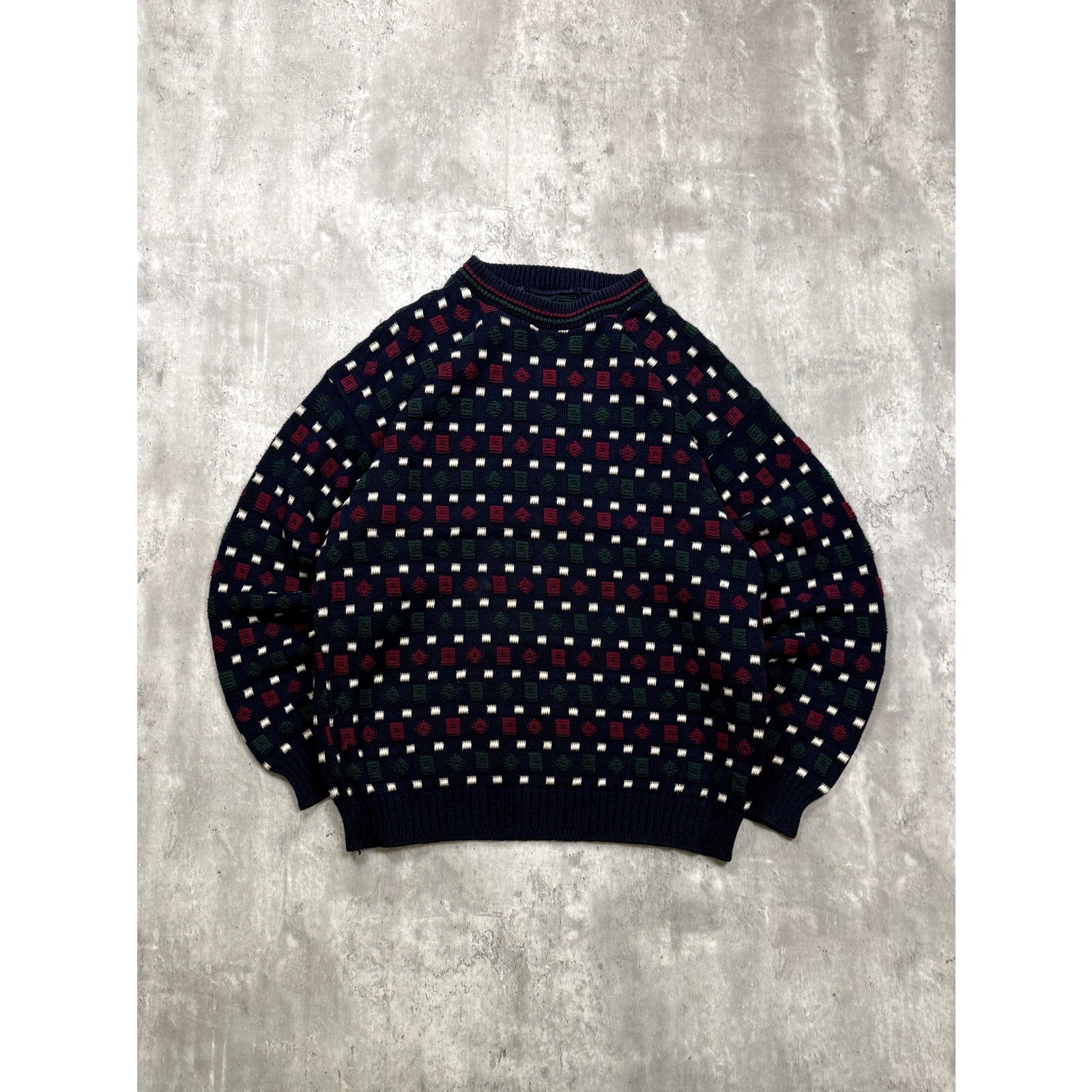 Vintage 90s Geometric Pattern Print Pullover Ribbed Knit Sweater Size Large