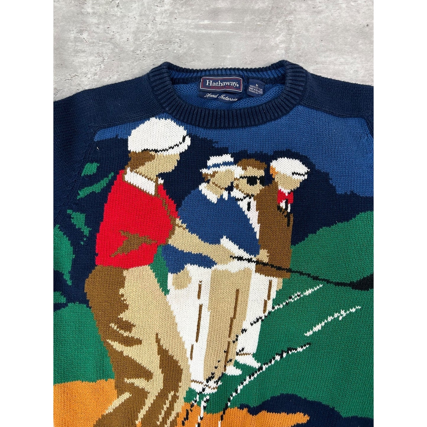 Vintage 90s Hathaway Golfers Graphic Print Pullover Knit Sweater Size Medium