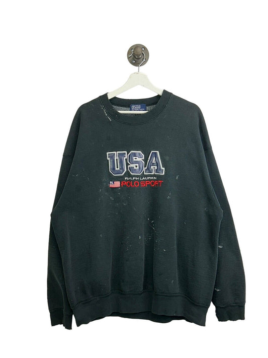 Vintage 90s Polo Sport USA Stitched Leather Spellout Sweatshirt Size 2XL Black