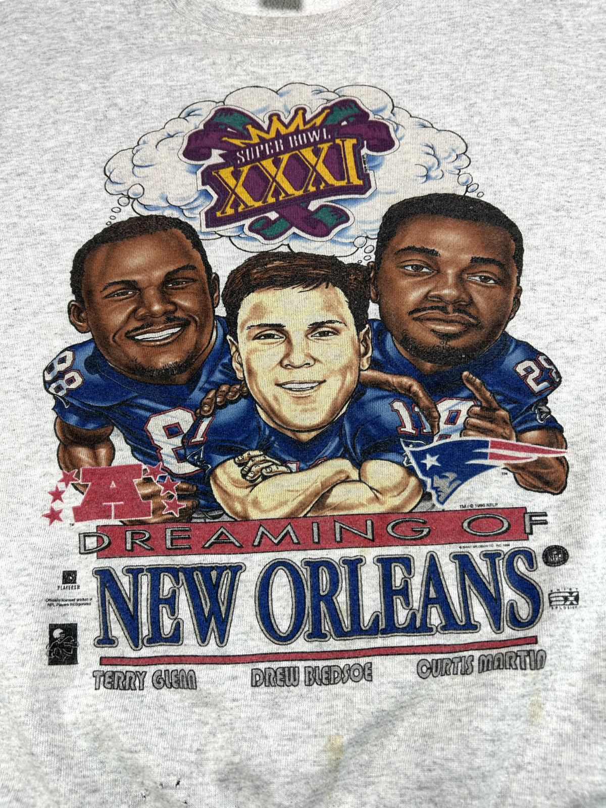 Vintage 1995 New England Patriots NFL Superbowl XXXI Caricature Sweatshirt XL