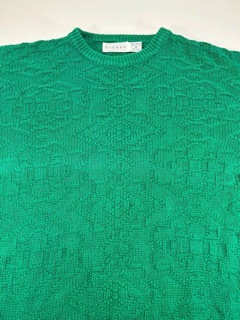 Vintage 90s Aigner Textured Pattern Print Ribbed Knit Sweater Size Medium Green