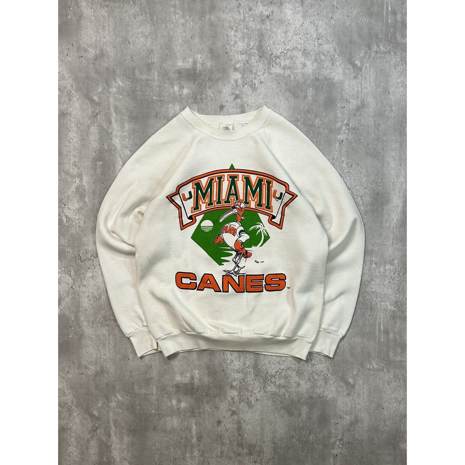 Vintage 1989 Miami Hurricanes NCAA Spellout Logo Graphic Sweatshirt Size Large