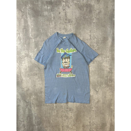 Vintage 70s Im The Captain Comedy Slogan Cartoon Graphic T-Shirt Size Medium