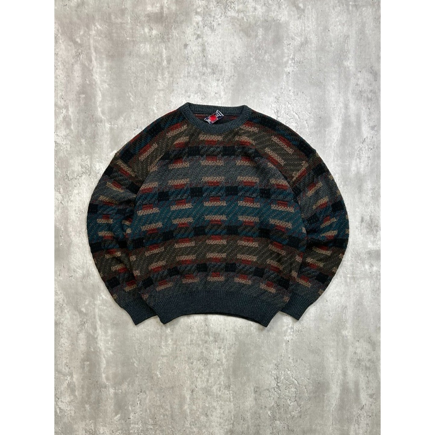 Vintage 90s Abstract Geometric Striped Pullover Knit Sweater Size Large