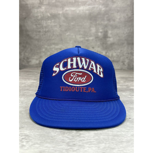 Vintage 1980s Schwab Ford Graphic Spellout Logo Trucker Snapback Hat OSFA