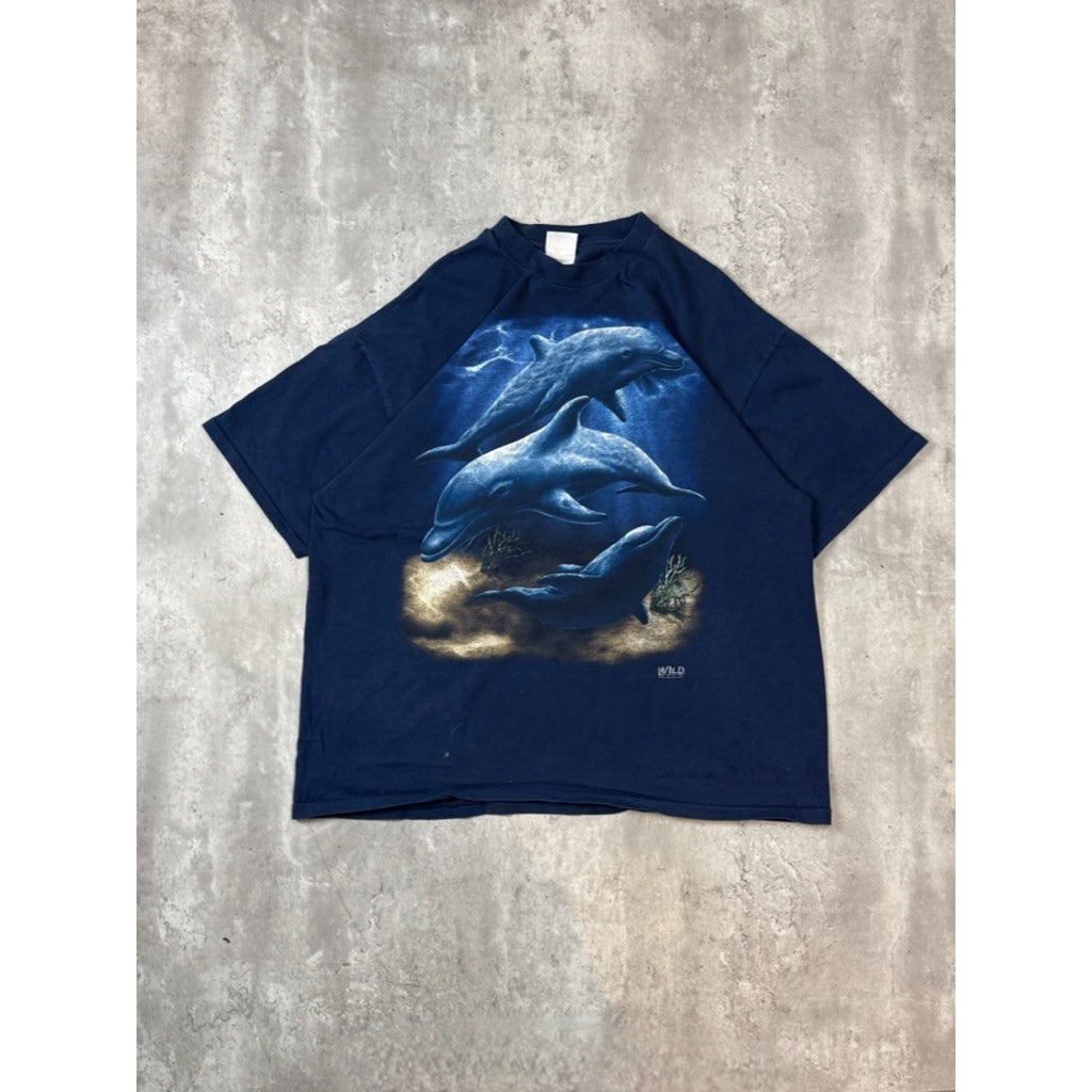 Vintage 90s Dolphin Ocean Animal Nature Graphic T-Shirt Size 2XL Blue
