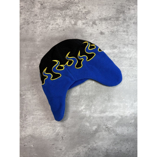 Vintage Graphic Flame Print Ear Flap Beanie Hat OSFA Blue/Black