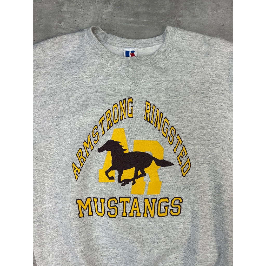 Vintage 90s Armstrong Ringsted Mustangs Collegiate Graphic Sweatshirt Size Large