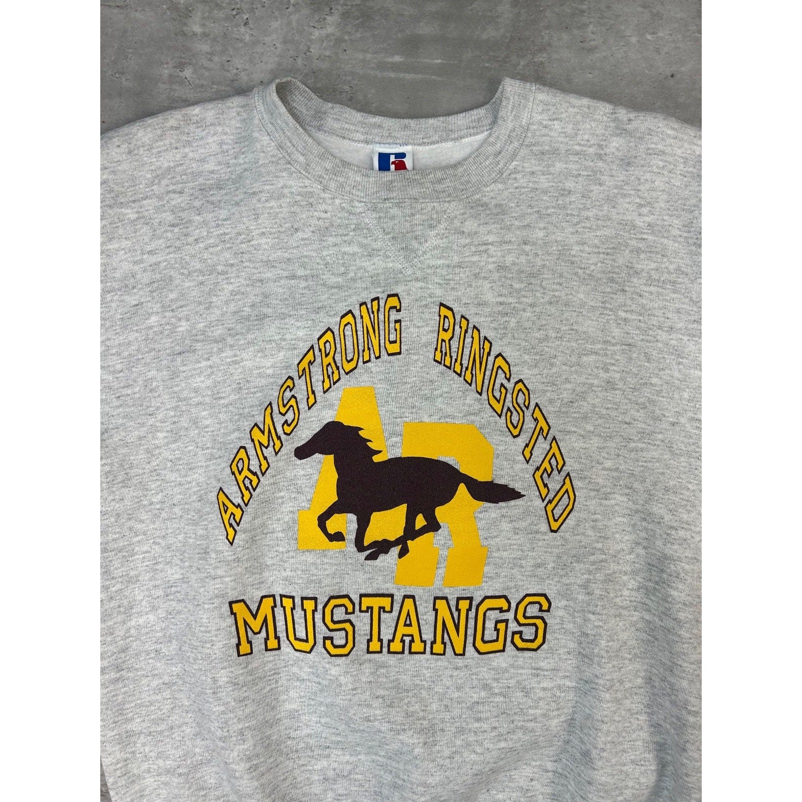 Vintage 90s Armstrong Ringsted Mustangs Collegiate Graphic Sweatshirt Size Large