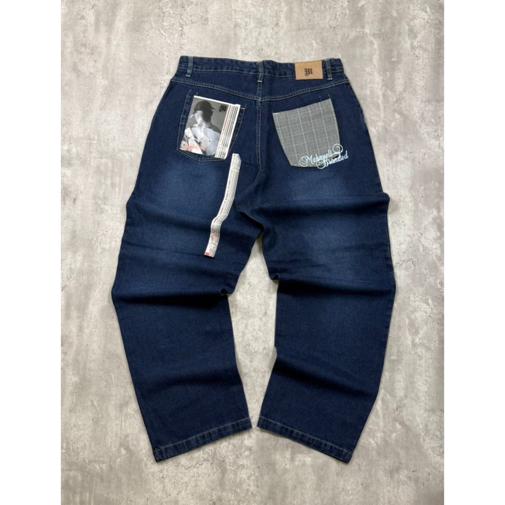 Vintage Y2K Makaveli Plaid Pocket Embroidered Dark Wash Denim Pants