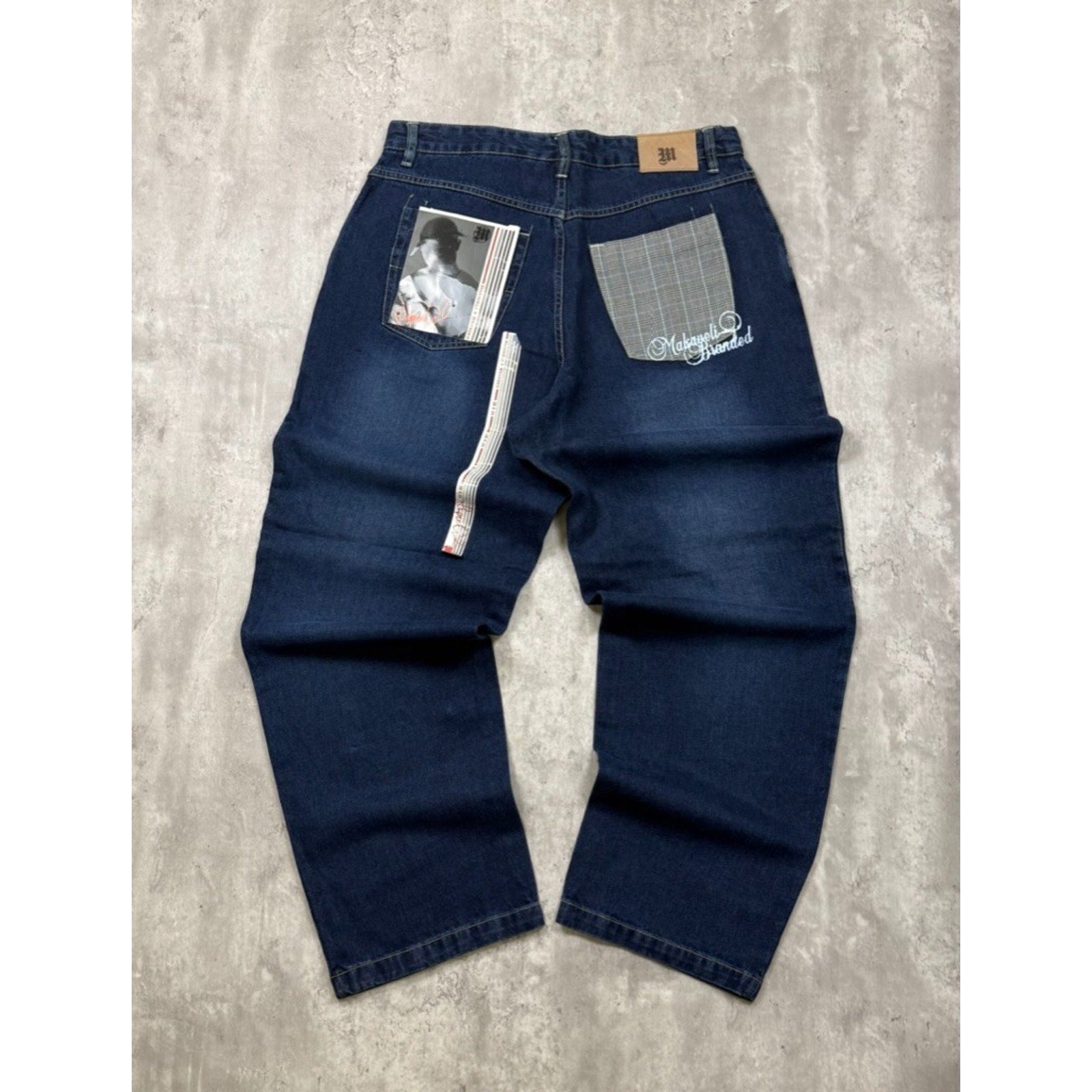 Vintage Y2K Makaveli Plaid Pocket Embroidered Dark Wash Denim Pants