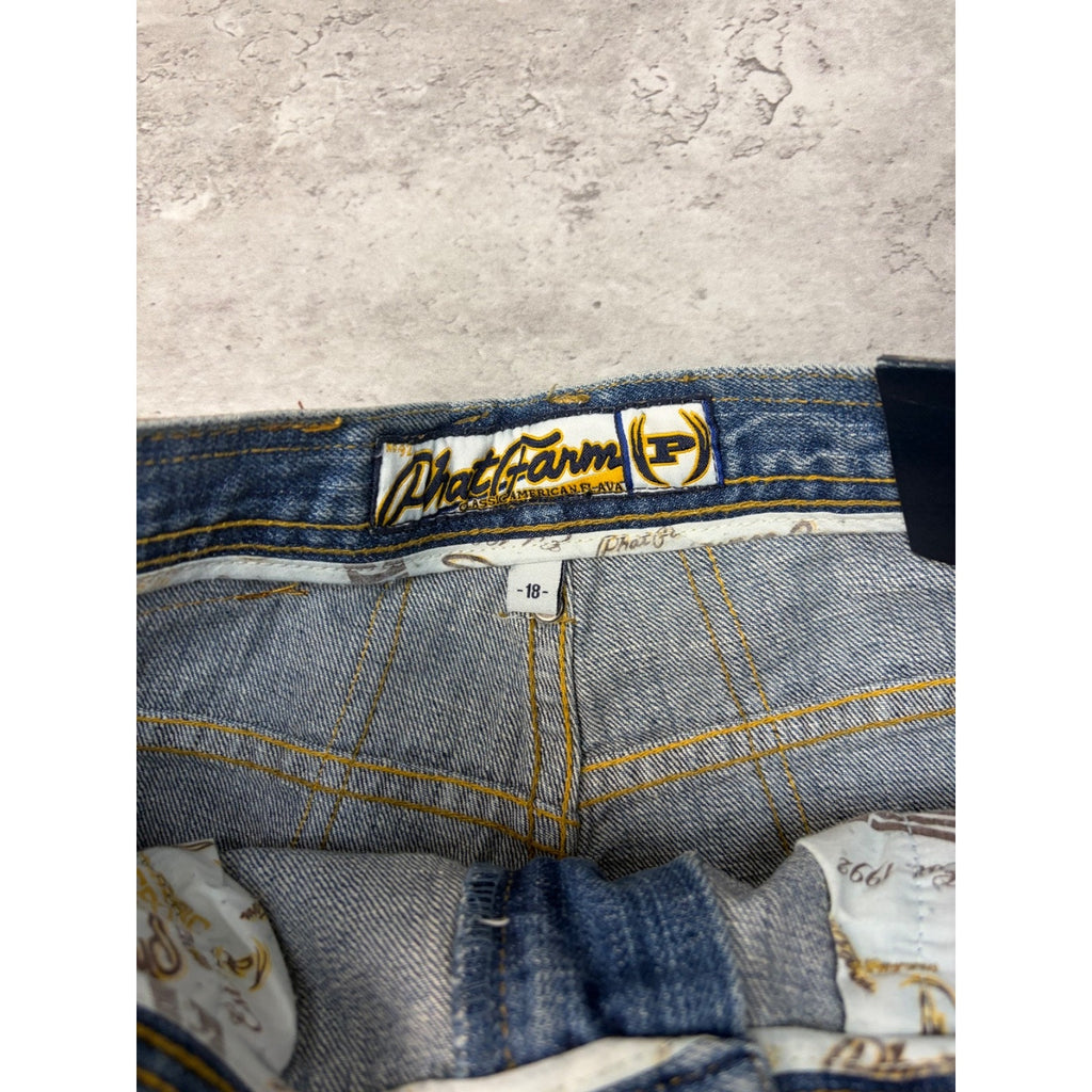 Vintage Y2K Womens Phat Farm Embroidered Spellout Medium Wash Denim Pants