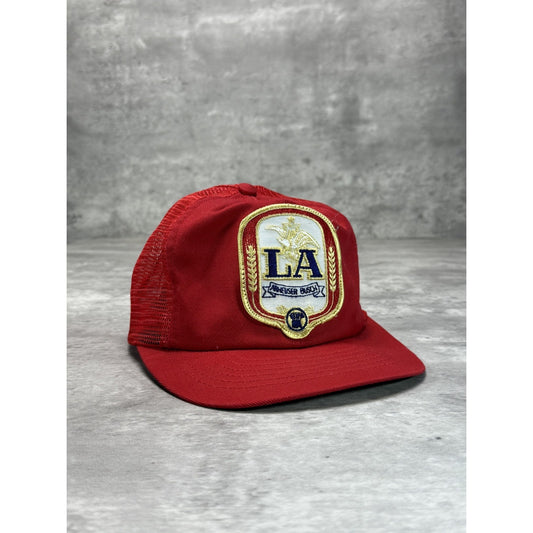 Vintage 80s LA Anheuser Busch Embroidered Patch Trucker Snapback Hat OSFA Red