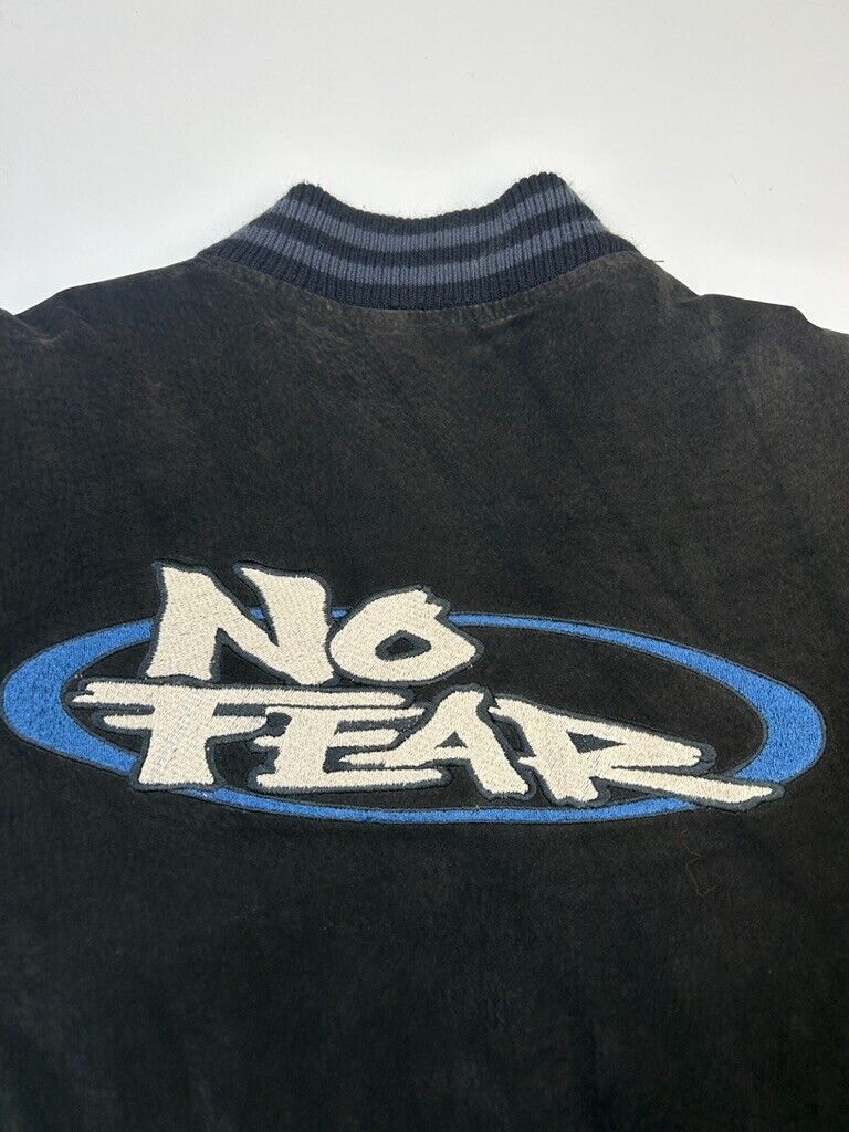 Vintage 90s No Fear Embroidered Leather Suede Bomber Jacket Size Large