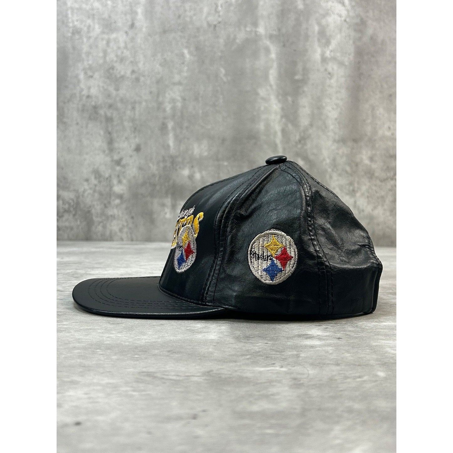 Vintage 90s Pittsburgh Steelers NFL Embroidered Leather Strapback Hat OSFA