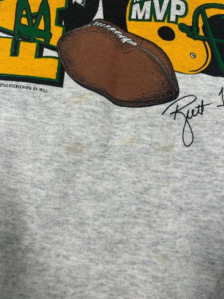 Vintage 90s Brett Favre #4 Green Bay Packers MVP NFL Sweatshirt Size Large Gray