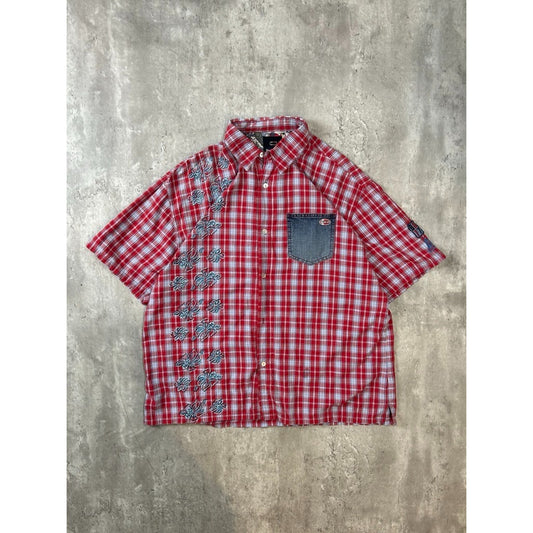 Vintage Bugle Boys Plaid Flower Print Short Sleeve Button Up Shirt Size XL Red