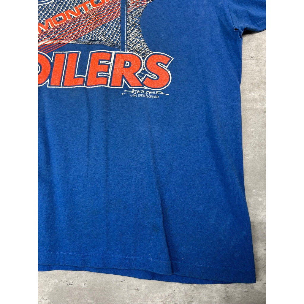 Vintage 1990 Edmonton Oilers NHL Starter Spellout Logo Graphic T-Shirt Size XL