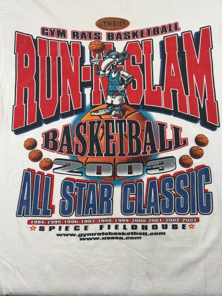 Vintage 2003 Gym Rats Basketball Run-And-Slam Graphic T-Shirt Size Large White