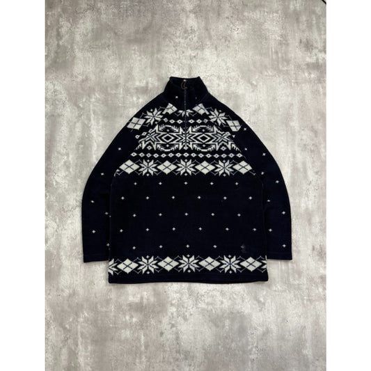 Vintage 90s Snowflake Abstract Striped 1/4 Zip Fleece Sweatshirt Size Large