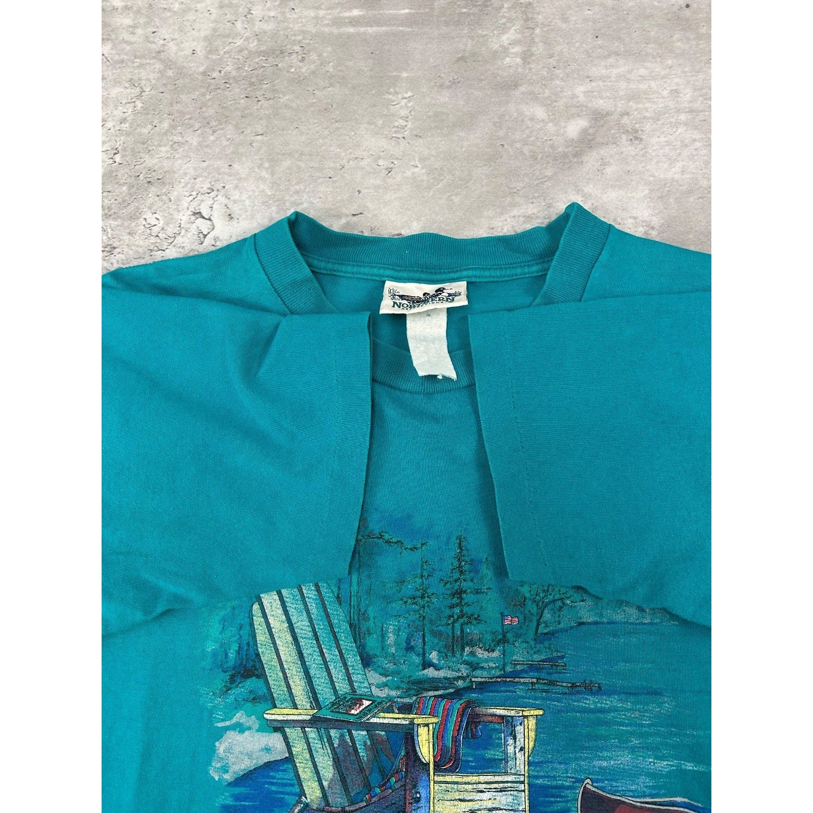 Vintage 90s Deckside Reflections Cottage Landscape Graphic T-Shirt Size Medium