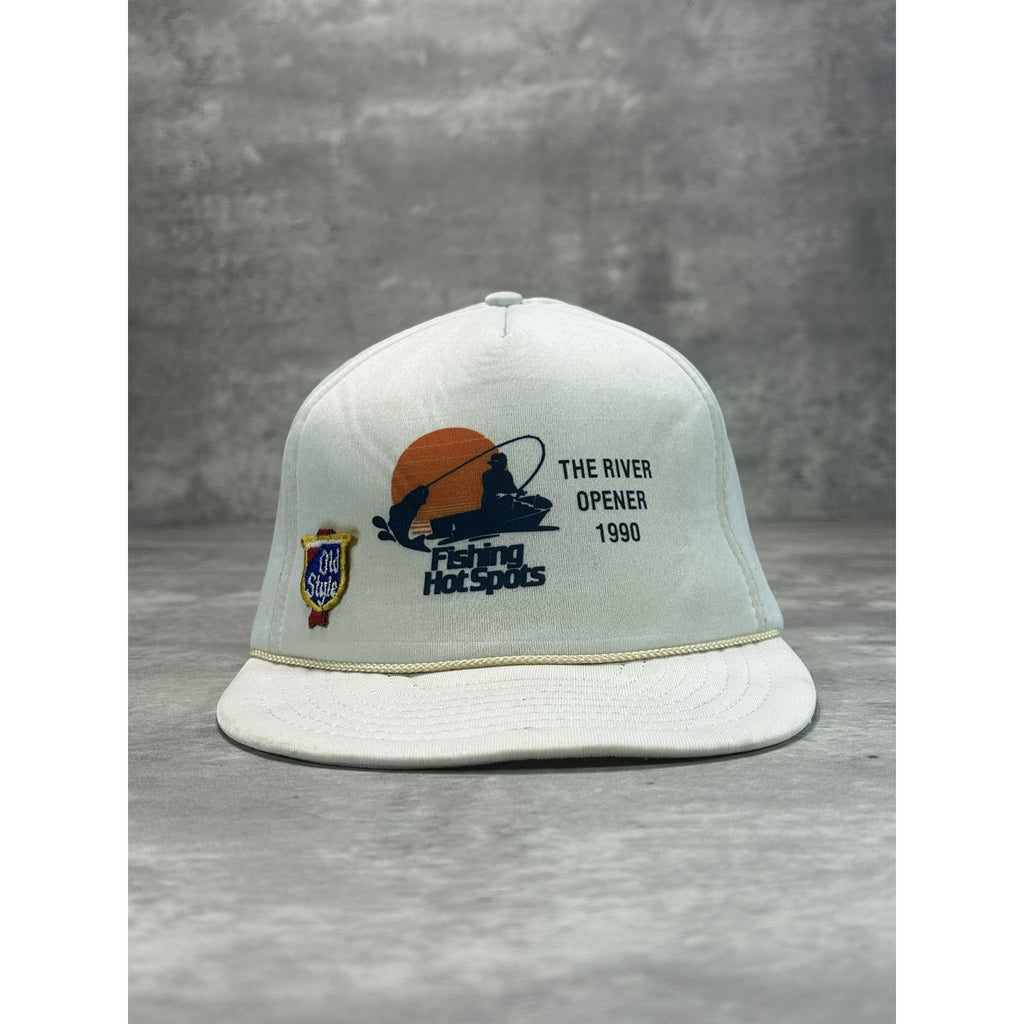 Vintage 1990 Fishing Spots The River Opener Graphic Trucker Snapback Hat OSFA