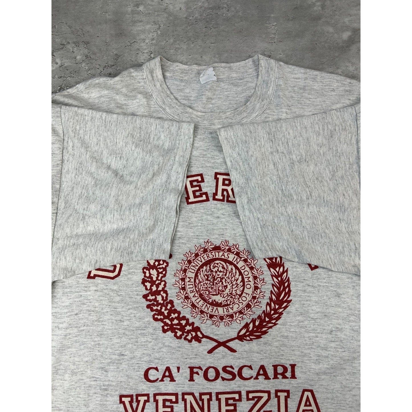 Vintage 90s Universita Venezia Collegiate Crest Graphic T-Shirt Size XL Gray