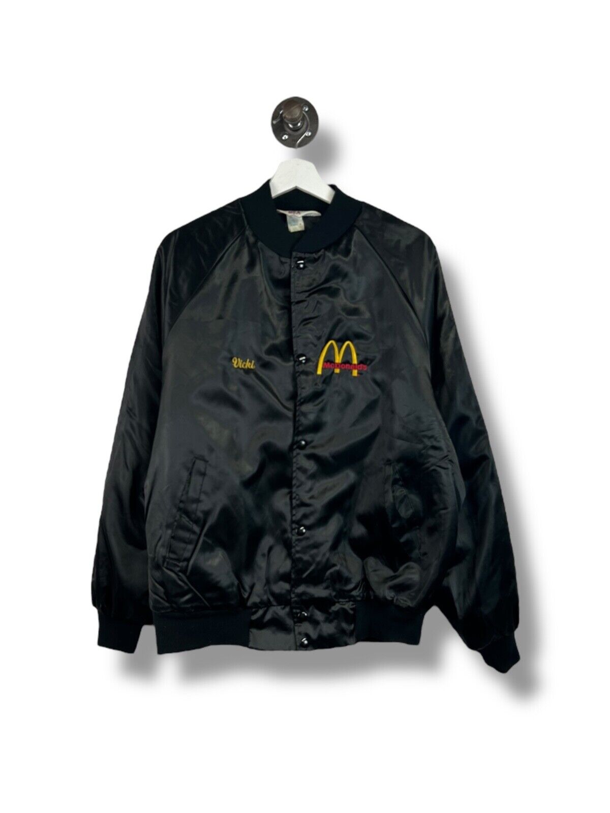 Vintage 80s McDonalds Embroidered Logo Satin Bomber Jacket Size Large