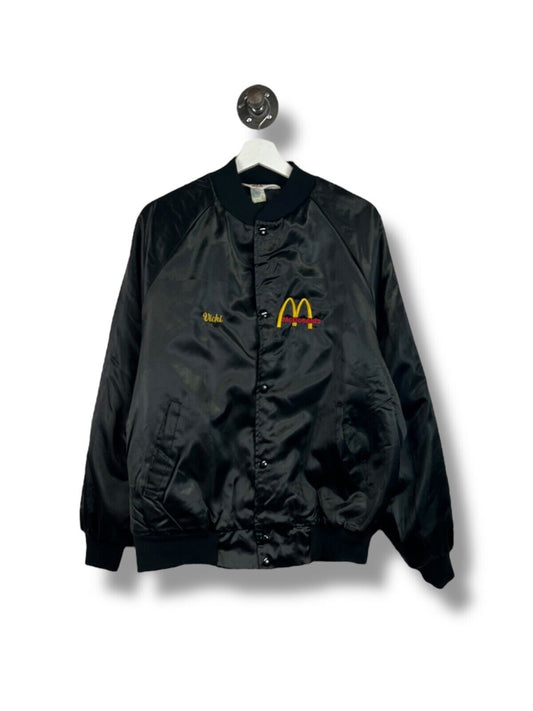 Vintage 80s McDonalds Embroidered Logo Satin Bomber Jacket Size Large