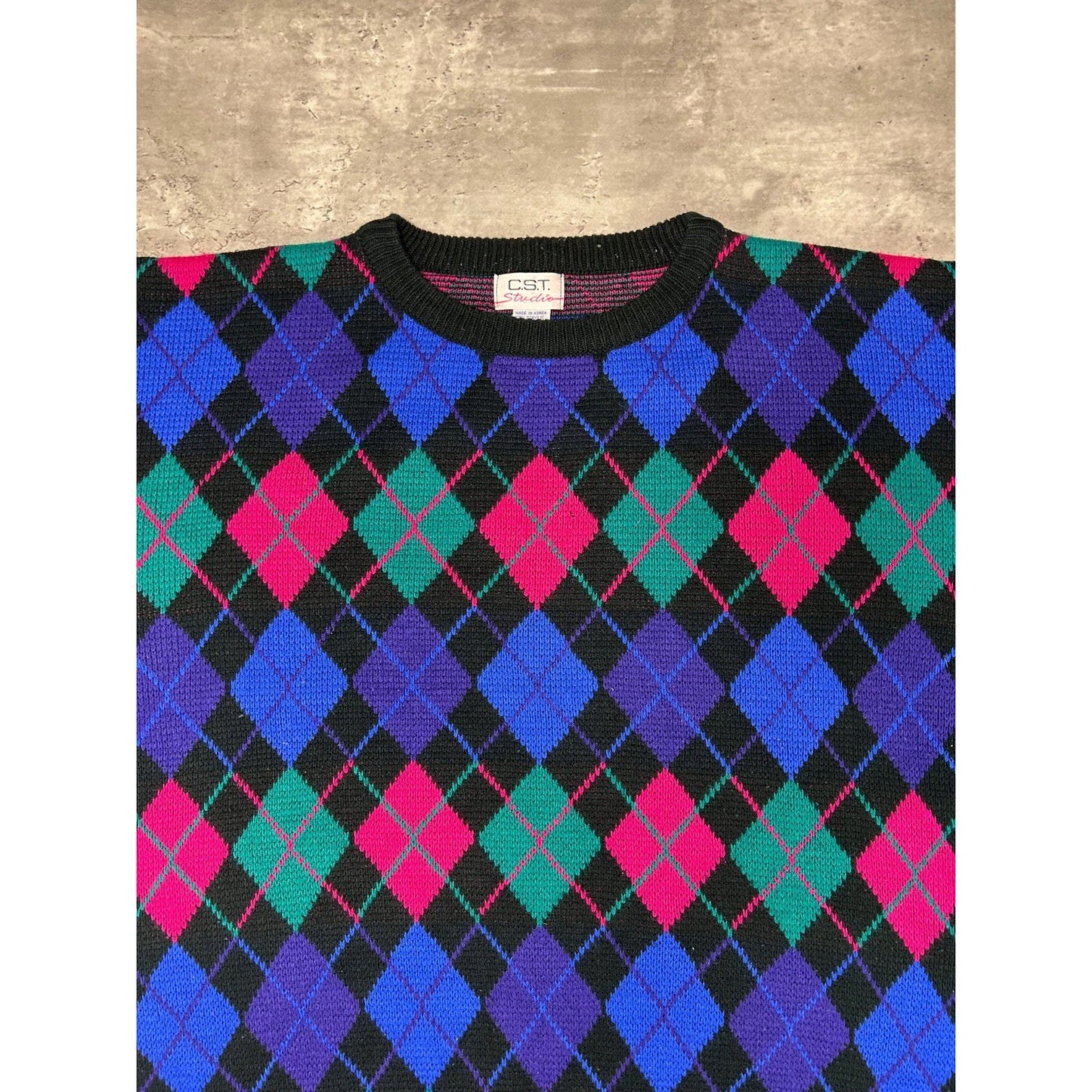Vintage 90s C.S.T Studio Argyle Print Pullover Ribbed Knit Sweater Size 2XL
