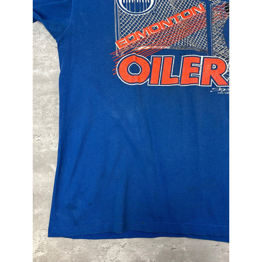 Vintage 1990 Edmonton Oilers NHL Starter Spellout Logo Graphic T-Shirt Size XL