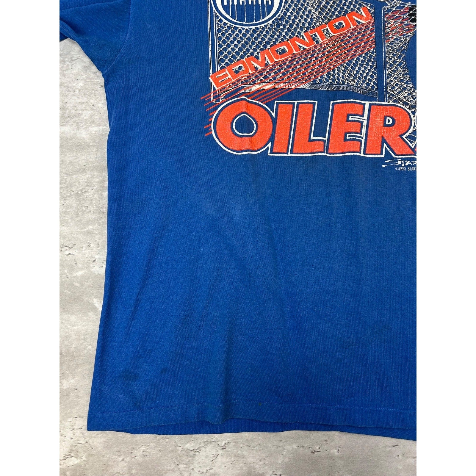 Vintage 1990 Edmonton Oilers NHL Starter Spellout Logo Graphic T-Shirt Size XL