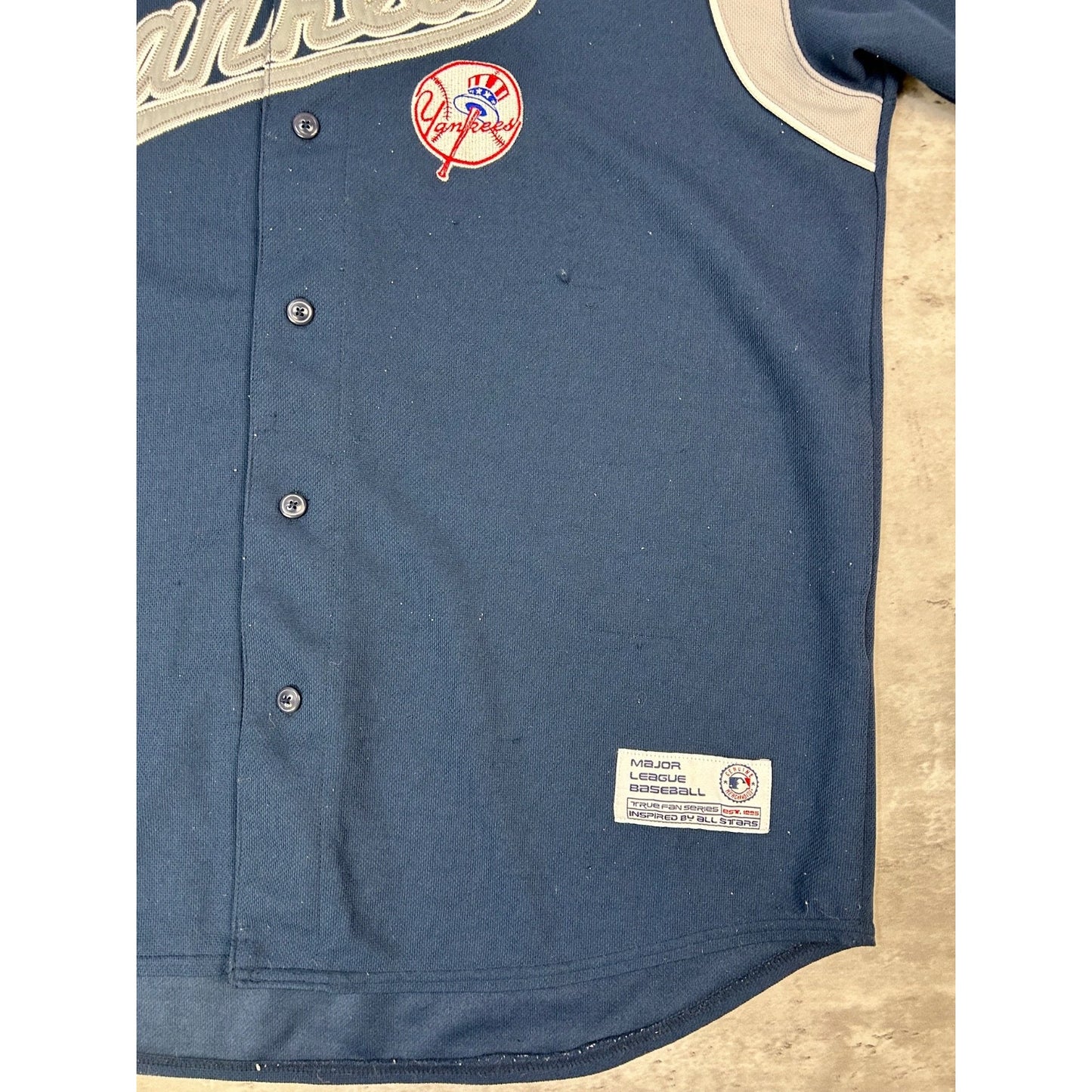 New York Yankees MLB Tailsweep Spellout Baseball Jersey Size XL Blue