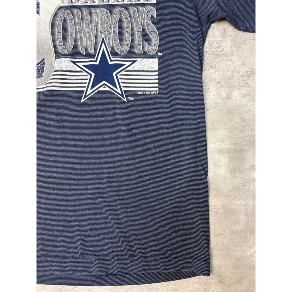 Vintage 1993 Dallas Cowboys NFL Big Graphic Spellout Striped T-Shirt Size Large