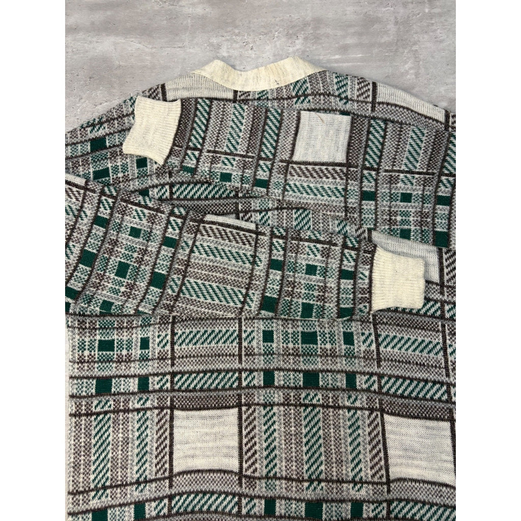 Vintage 80s Moda Abstract Plaid Print Cardigan Knit Sweater Size Large