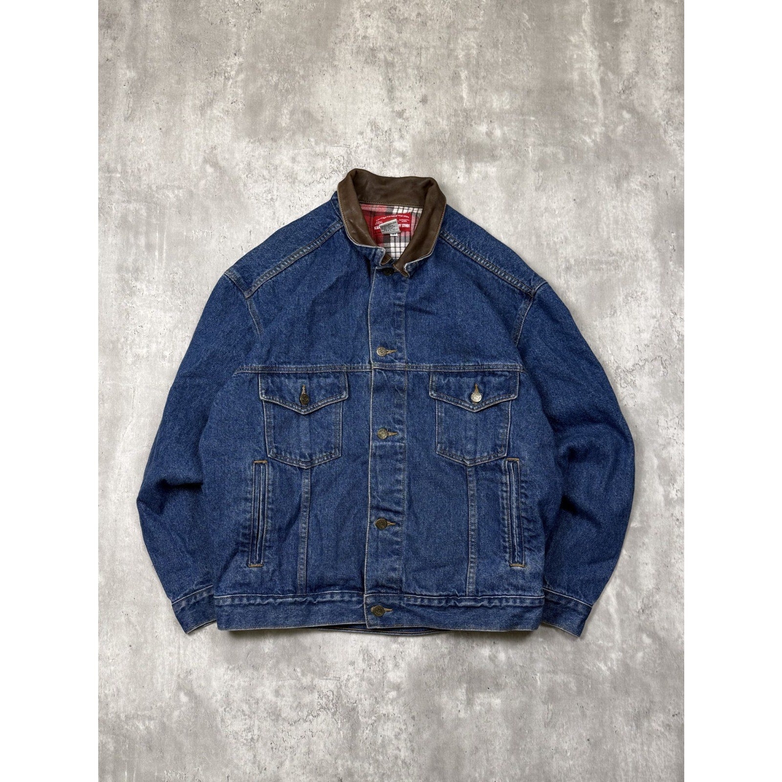 Vintage 90s Marlboro Country Store Plaid Lined Dark Wash Denim Jacket Size Large