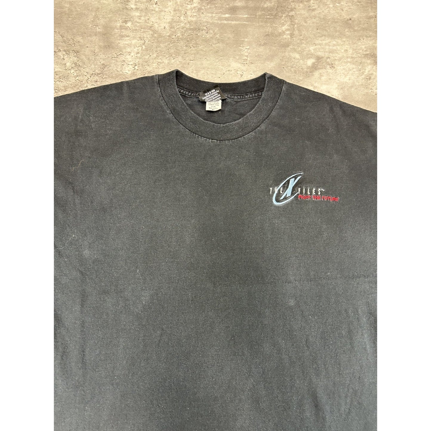 Vintage 1998 X-Files Embroidered TV Show Promo Graphic T-Shirt Size XL Black