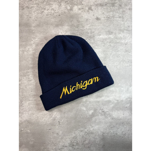 Vintage 90s Michigan Wolverines NCAA Script Spellout Beanie Hat OSFA Blue
