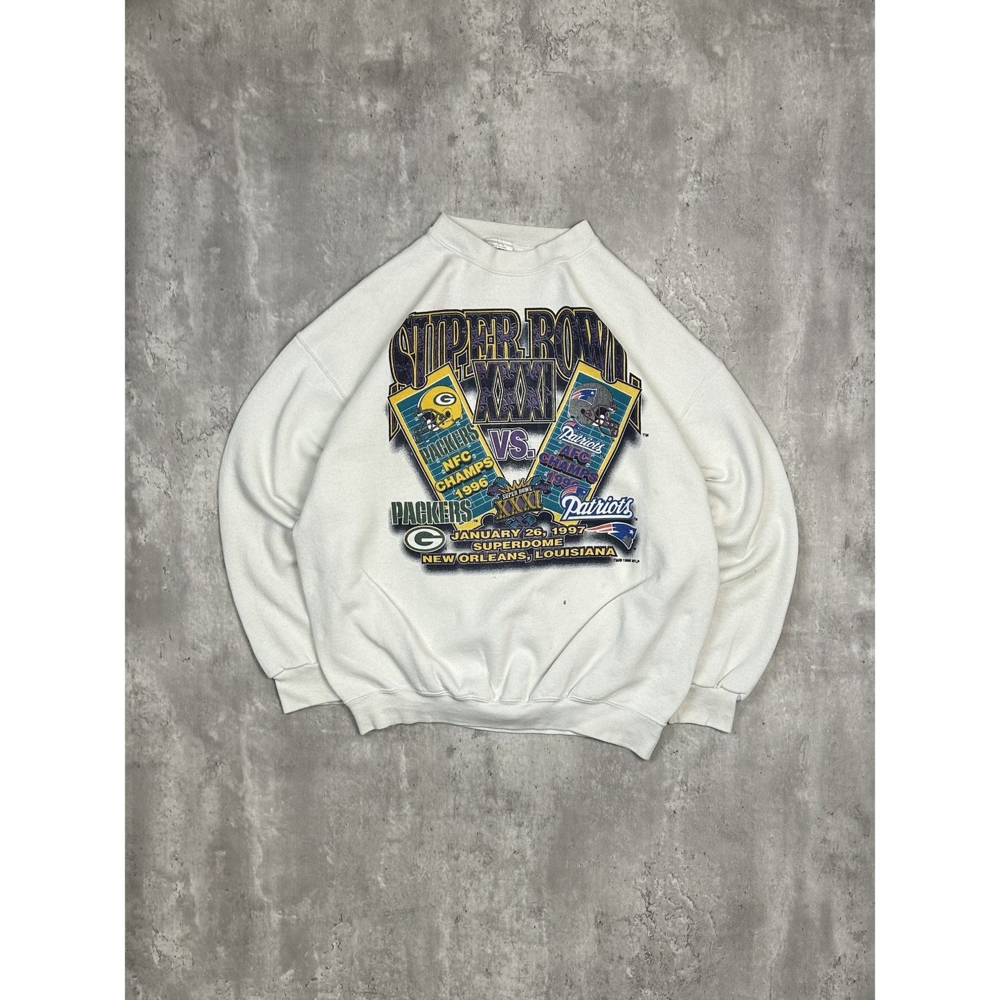 Vintage 1997 Packers Vs Patriots NFL Super Bowl XXXI Graphic Sweatshirt Size XL