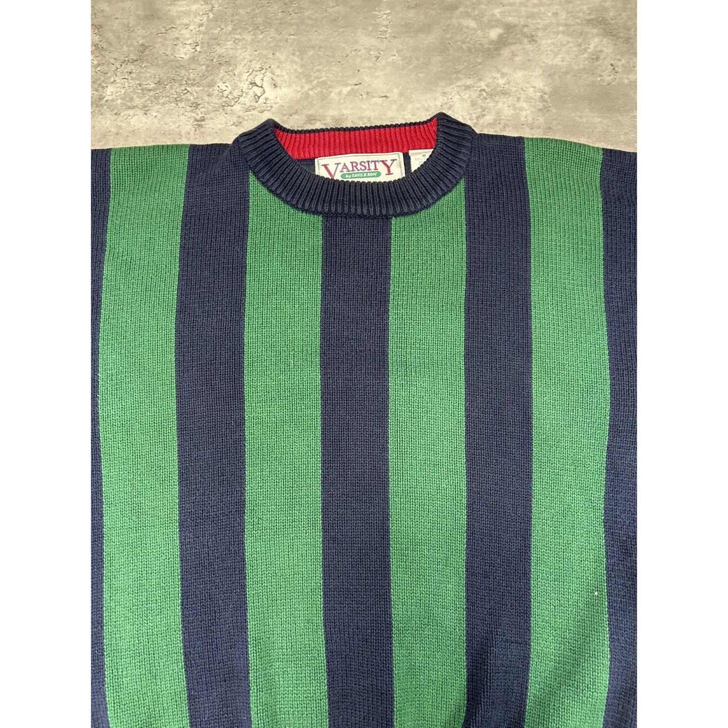 Vintage 90s Varsity Striped Pullover Ribbed Knit Sweater Size Medium Green/Blue