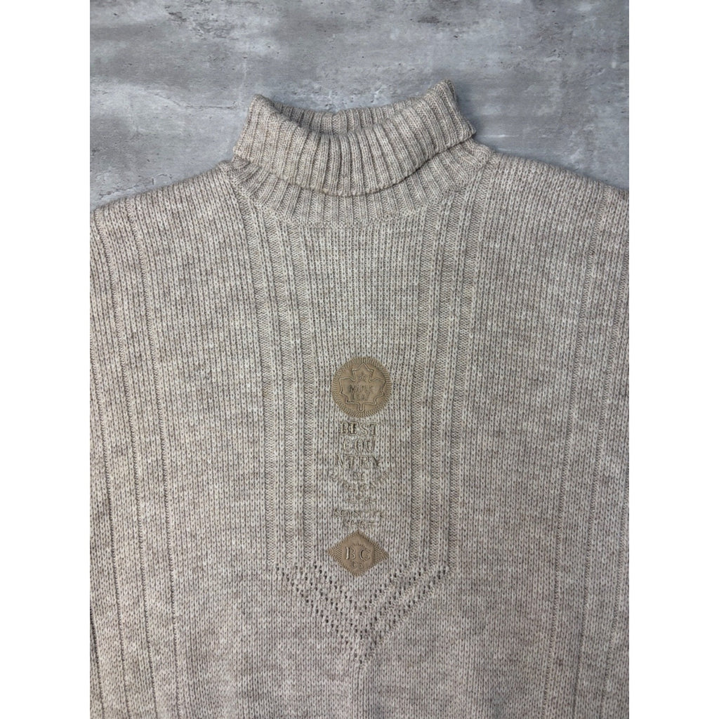 Vintage Maple Leaf Embroidered Turtle Neck Beige Knit Sweater Size XL