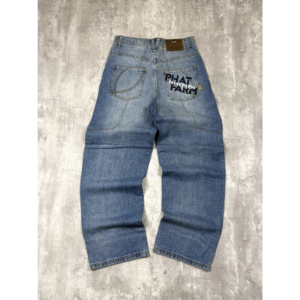Vintage Y2K Womens Phat Farm Embroidered Spellout Medium Wash Denim Pants