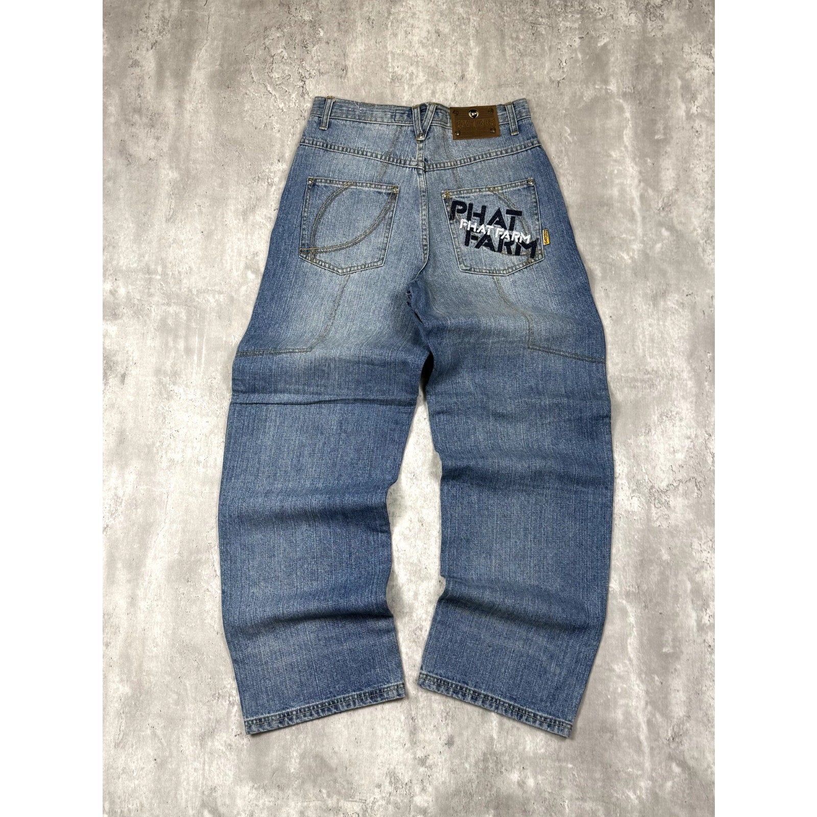 Vintage Y2K Womens Phat Farm Embroidered Spellout Medium Wash Denim Pants