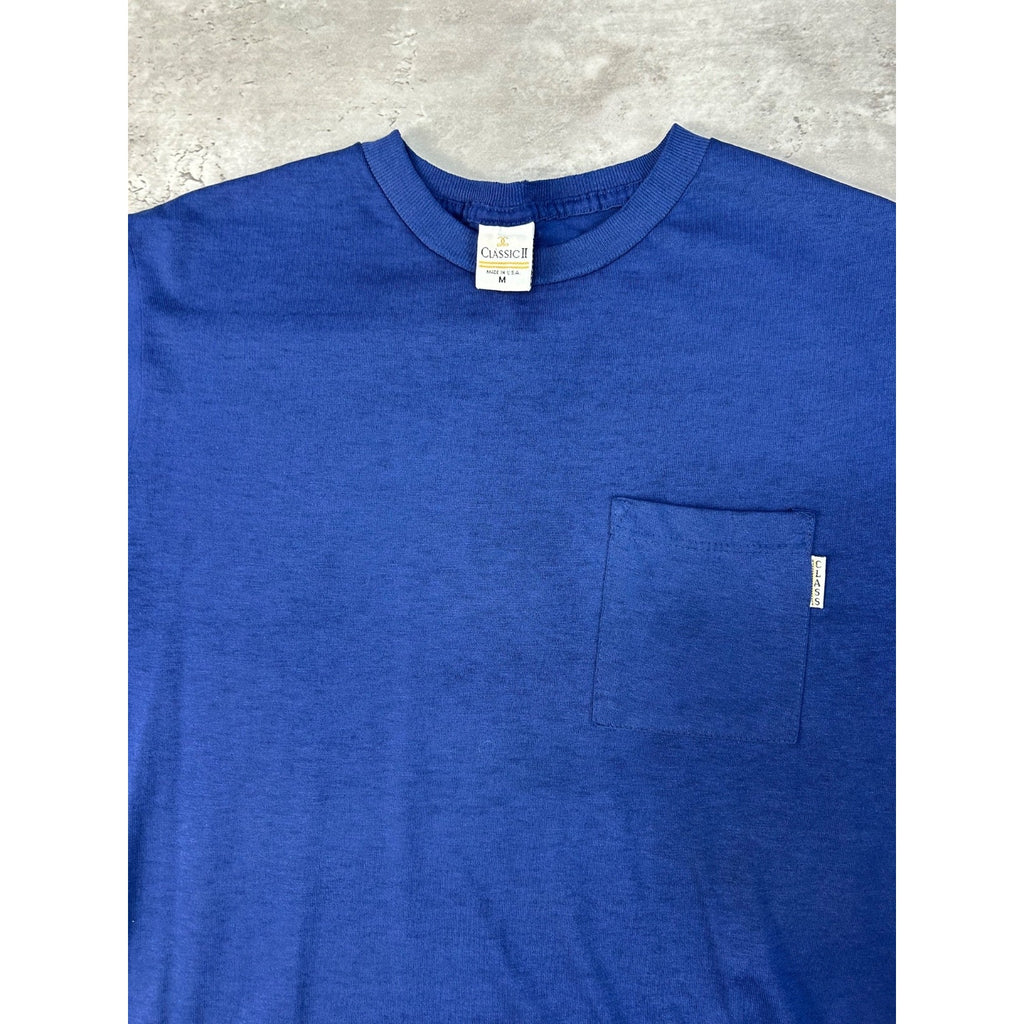 Vintage 80s/90s Class Navy Blue Blank Pocket T-Shirt Size Medium