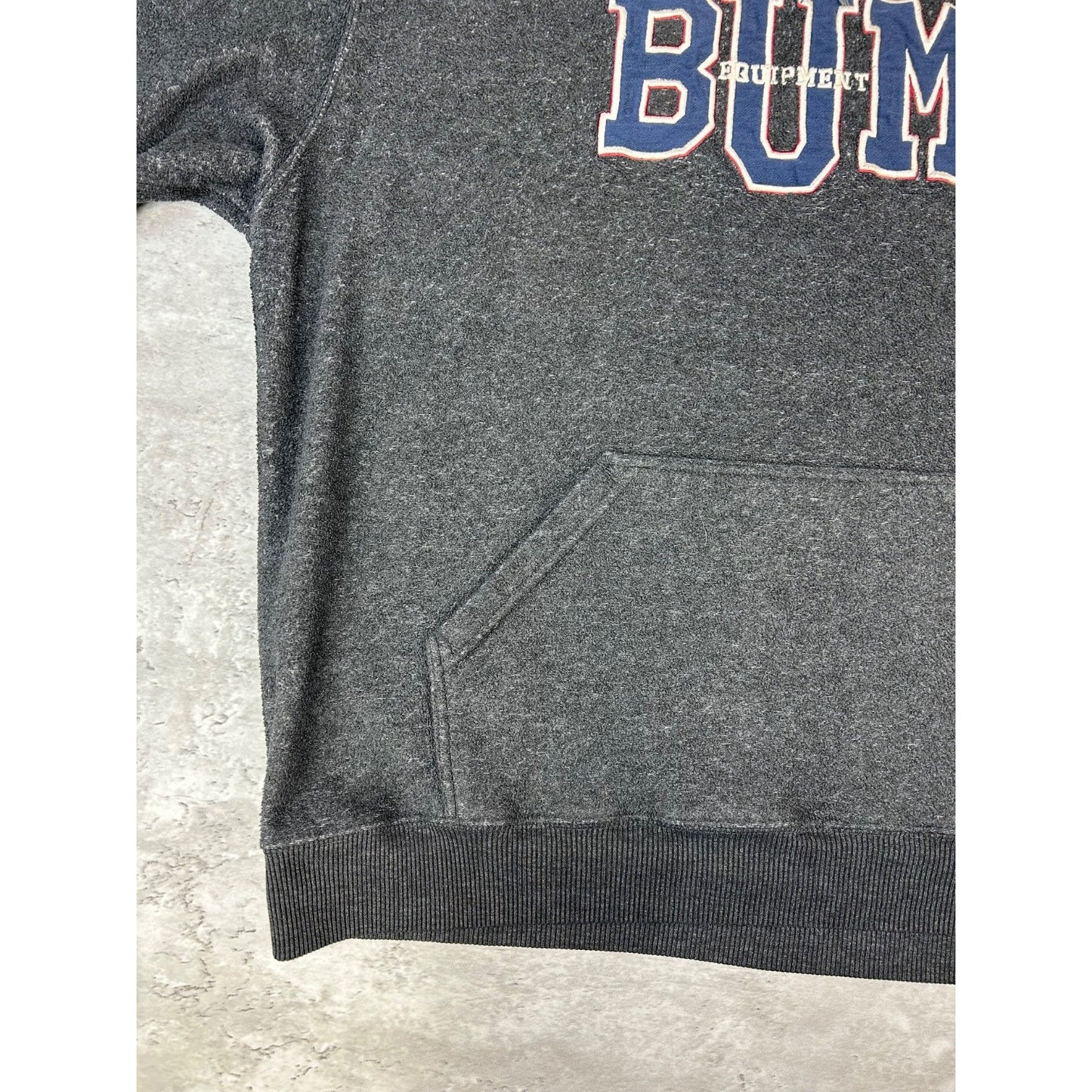 Vintage BUM Equipment Embroidered Spellout Hooded Sweatshirt Size Large Gray